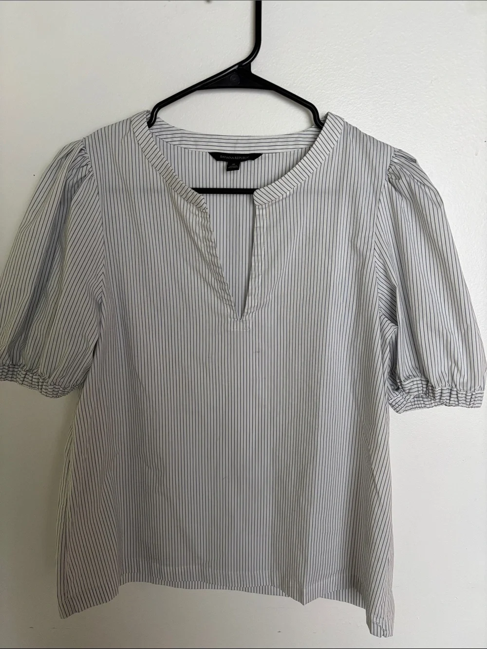 Banana Republic White Blouse with Thin Navy Stripes